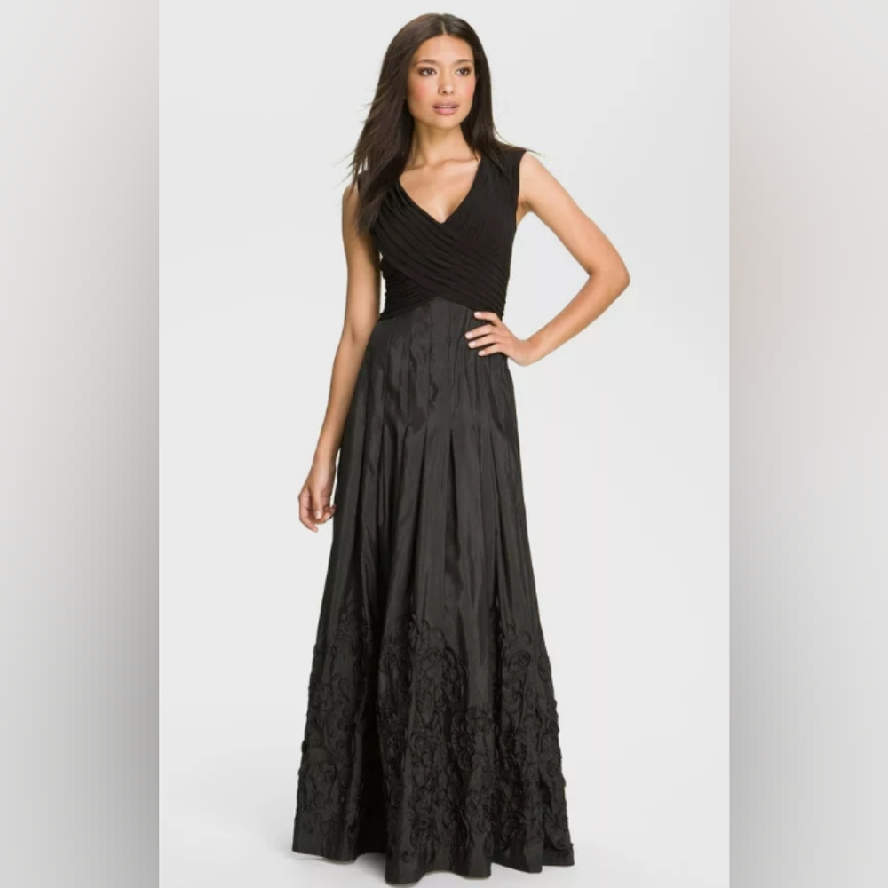 PATRA Black Evening Gown Soutache Sleeveless V-Neck Maxi with Taffeta Skirt